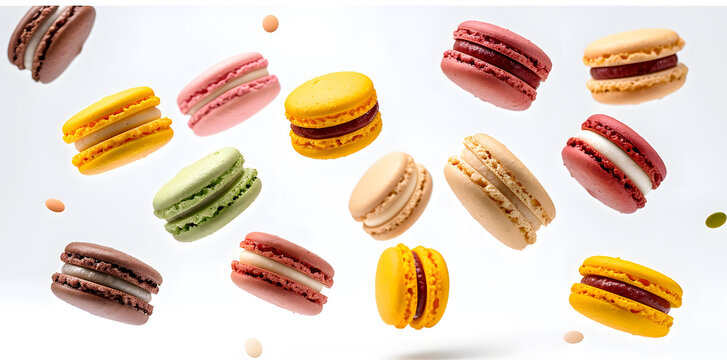 Colorful macaroons or french macarons levitating  on white background