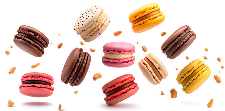 Colorful macaroons or french macarons levitating  on white background