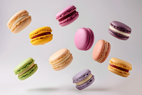 Colorful macaroons or french macarons levitating  on white background