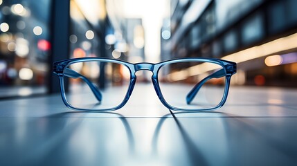Stylish framed eyeglasses with clear lenses showcased on a reflective surface against a blurred blue store interior.