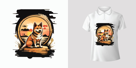 Vector t-shirt design.vintage retro sunset distressed design,a cute shiba inu, 4k,steampunk,high quality,illustration,cartoon style