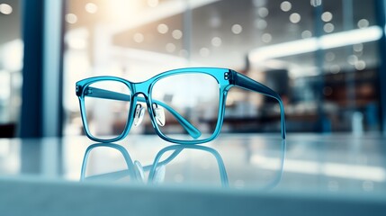 Stylish framed eyeglasses with clear lenses showcased on a reflective surface against a blurred blue store interior. - obrazy, fototapety, plakaty