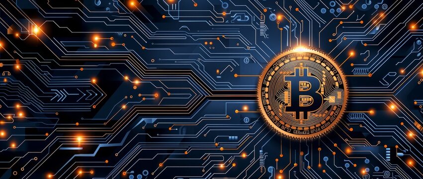 bitcoin in the black network circuit board background Generative AI