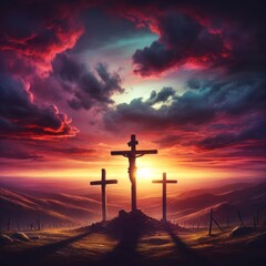 An artistic interpretation focusing on the three crosses at Calvary, with a dramatic sunset in the background, symbolizing the end of a significant day in history. - obrazy, fototapety, plakaty