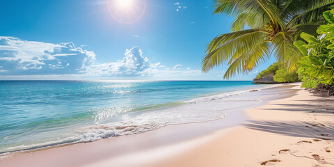 Fototapeta na wymiar Tropical beach with coconut trees and sky