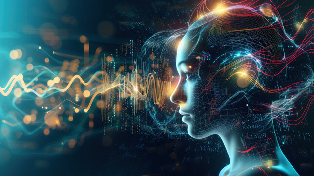 Art meets technology in this portrayal of AI as a digital artist, where algorithmic art forms blend with musical composition and digital waveforms.