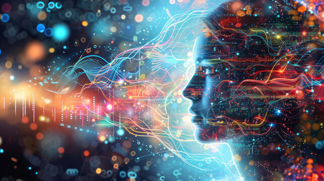 Showcasing AI's creative prowess, this work depicts artificial intelligence engaging in painting and music, set against a backdrop of intricate algorithmic patterns. - Powered by Adobe