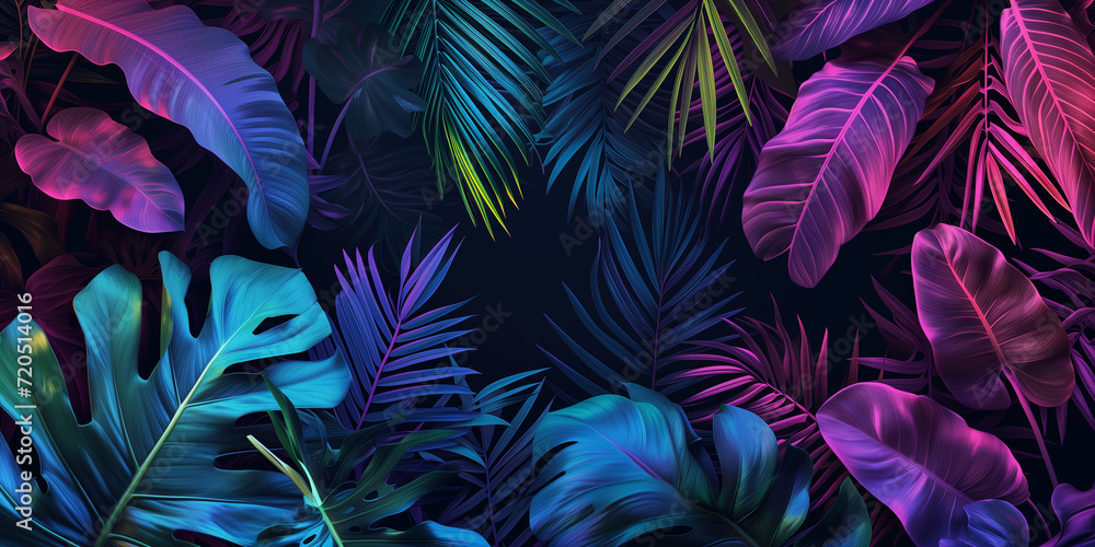 Wall mural Tropical plants with neon glow