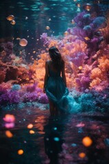 Naklejka premium pretty woman walking in the secret waterlily pond at night time, generative Ai