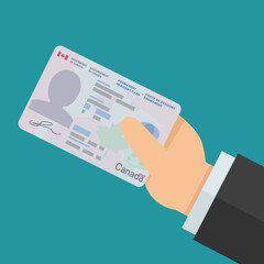 A hand presents a permanent resident card of Canada on a blue background in flat design style