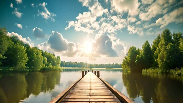 Wood bridge on the lake with sunshine and blue sky and white clouds