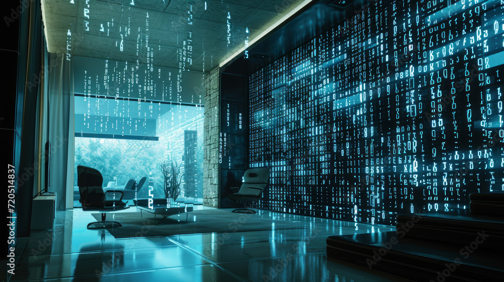 Poster in a modern office setting, everyday interfaces highlight the importance of cybersecurity through en