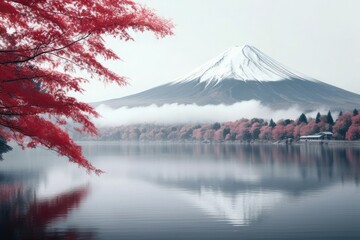 sunrise in the mountains, ountain Fuji with Morning Fog and red Leaves at Lake Kawaguchiko Nature	