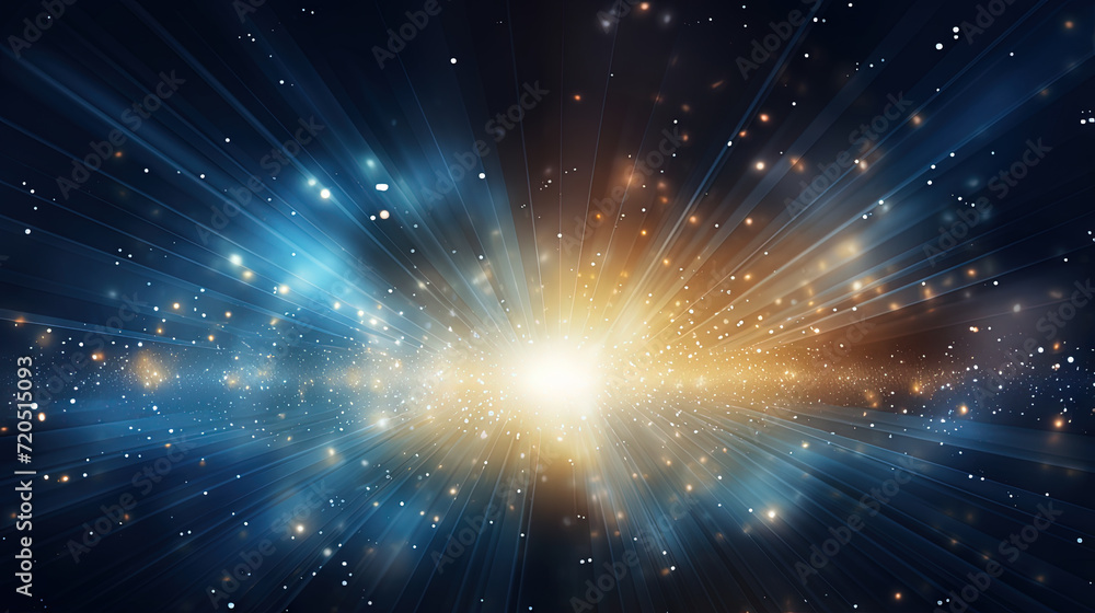 Poster abstract backgound with blue and orange light rays. god rays or light burst with bokeh.
