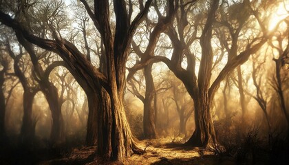 Background with dry bare trees in winter forest. Golden sunset light. 