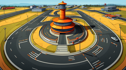 cartoon style with outlines of airport control tower