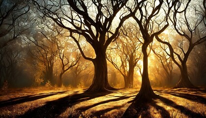 Background with dry bare trees in winter forest. Golden sunset light.  - obrazy, fototapety, plakaty