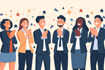Illustration image capturing the moment of employee recognition with colleagues applauding and celebrating, Focus on the joy and appreciation in their expressions, Business team clapping together