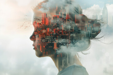 A unique artistic portrayal of imaginative thoughts, where a miniature metropolis emerges from a person's profile, reflecting a hive of ideas.