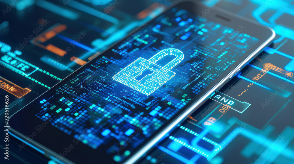 Poster illustrating advanced technology in data privacy, the smartphone is safeguarded with encryption and 