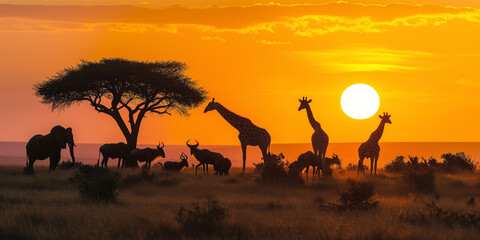 Wildlife in Africa at sunset - obrazy, fototapety, plakaty