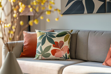 Colorful cosy pillows on a sofa. Created with Generative AI technology