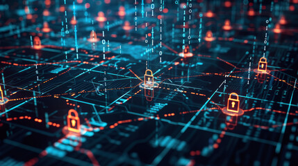 Fototapeta premium Network security through a detailed network grid, overlaid with binary code and digital locks, representing the essence of secure online connections.