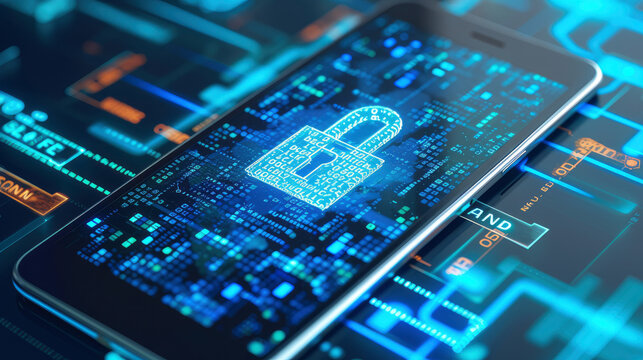 Illustrating advanced technology in data privacy, the smartphone is safeguarded with encryption and a digital padlock, emphasizing security.