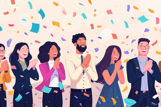 Illustration image capturing the moment of employee recognition with colleagues applauding and celebrating, Focus on the joy and appreciation in their expressions, Business team clapping together