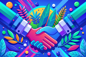 Colorida ilustración de un aptretón de manos en señal de negocios. Manos de ejecutivos saludando sobre un fondo de plantas. Hecho con IA.