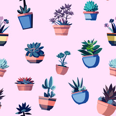 Cute summer theme with seamless pattern of succulents in florariums. Beautiful and delicate pastel colors. Pattern with various cacti and succulents in beautiful pots and florariums. Fashionable paste