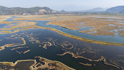 Boat cruise on delta of Dalyan river in Turkey - Aerial Drone Photo