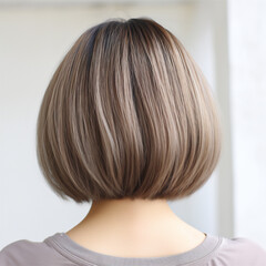 Woman with short hair ash brown color with highlights