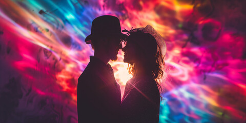 Silhouetted couple in hats facing each other, with a vivid, psychedelic light show swirling around them