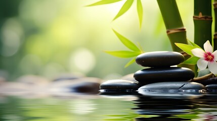 Zen stones, bamboo, flower and water in a peaceful zen garden, relaxation time, wellness and...
