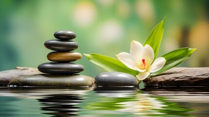 Fototapeta na wymiar Zen stones, bamboo, flower and water in a peaceful zen garden, relaxation time, wellness and harmony, massage, spa and bodycare concept