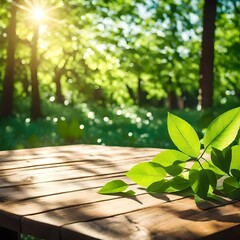 Spring beautiful background with green juicy young foliage and empty wooden table in nature outdoor. Natural template with Beauty bokeh and sunlight.