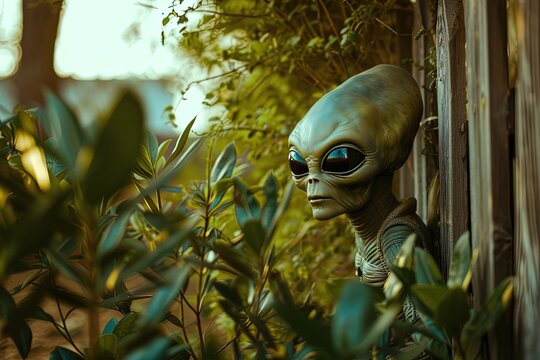 grey alien hiding in backyard