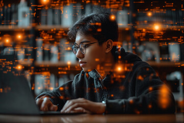 a student sitting with computer, engaging in a virtual tutoring session with an AI assistant.