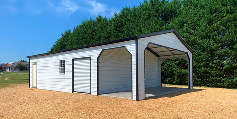 3d illustration of metal building storage with natural background
