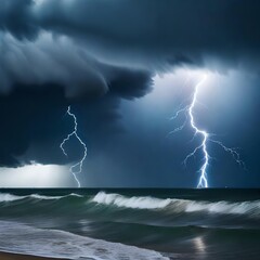 Lightning, thunder, and storms. Storm near the coast, ominous skies, heavy clouds, lightning, and large waves during a stormy day