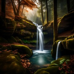 A breathtaking view of a deep woodland waterfall
