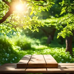 Poster Spring beautiful background with green juicy young foliage and empty wooden table in nature outdoor. Natural template with Beauty bokeh and sunlight. © sultana