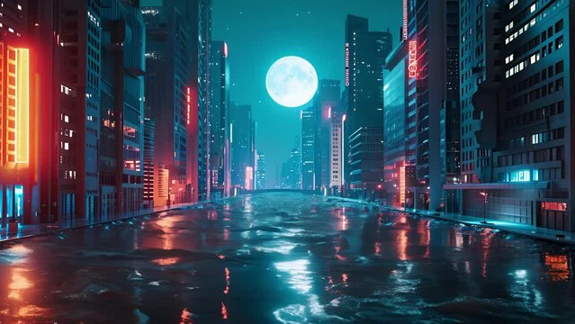 The moon reflects off of the citys sleek neon buildings creating a surreal and otherworldly glow.