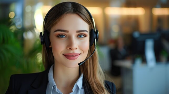 Beautiful phone assistant. Pretty woman work at call center. Attractive girl wear headset. Helpline service concept. Telephone hotline. Female support agent. Business woman in suit and headphones.
