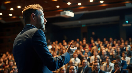 Male business coach speaker in suit give presentation, speaker presenter consulting training