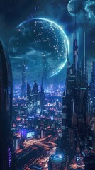 A mesmerizing cosmic landscape unfolds with ethereal lights, towering structures and futuristic elements.