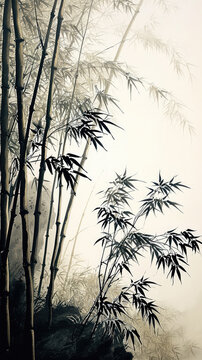 Bamboo Grove Under the Asian Sky: A Nature-inspired Vector Illustration with Silhouettes of Bamboo, Leaves, and Floral Elements in a Summer Scene