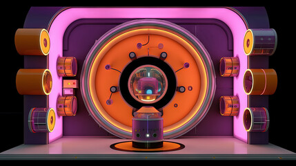 Spaceship or lab interior in retro futuristic sci-fi style with round doors.