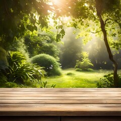 wooden table with a hazy background of a green natural garden